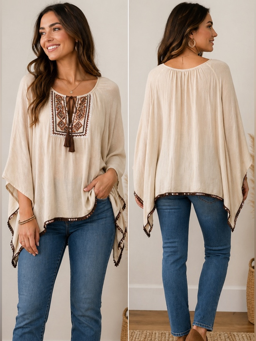 Wrangler Boho Embroidered Poncho Top Sequin Trim Tassel XL Beige